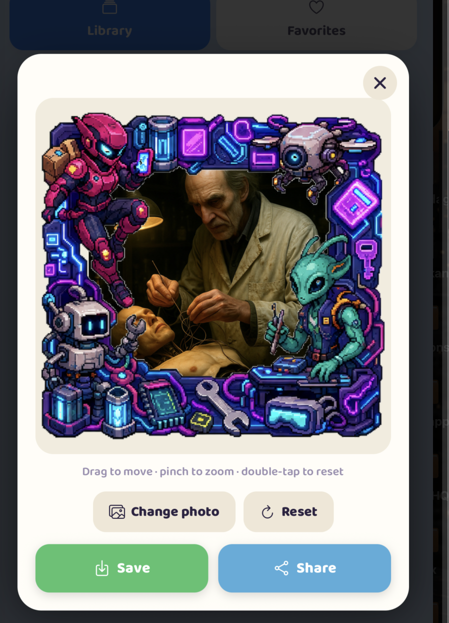 Picture World photo frame composer with save and share controls
